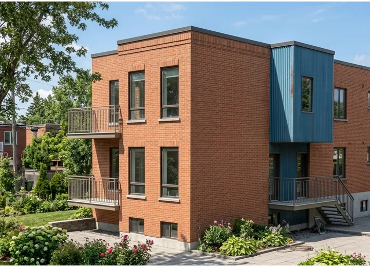 Immeuble résidentiel en brique avec balcons et volume bleu, visuel portfolio Archidep