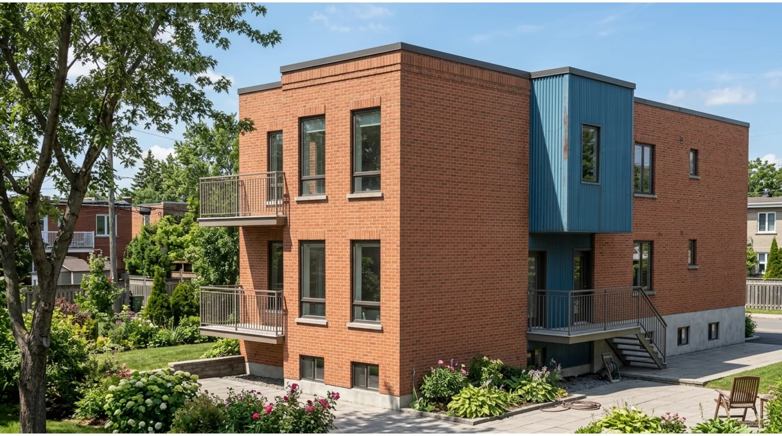Immeuble résidentiel en brique avec balcons et volume bleu, visuel portfolio Archidep