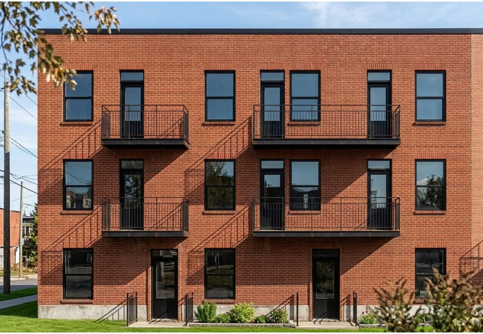 Façade de brique d'un immeuble multilogement avec balcons métalliques, portfolio Archidep
