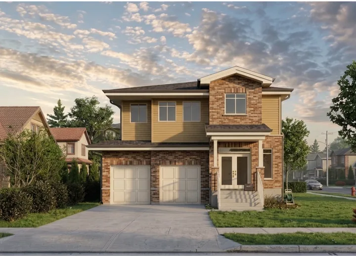 Maison familiale avec garage double, entrée centrale et aménagement paysager, portfolio Archidep