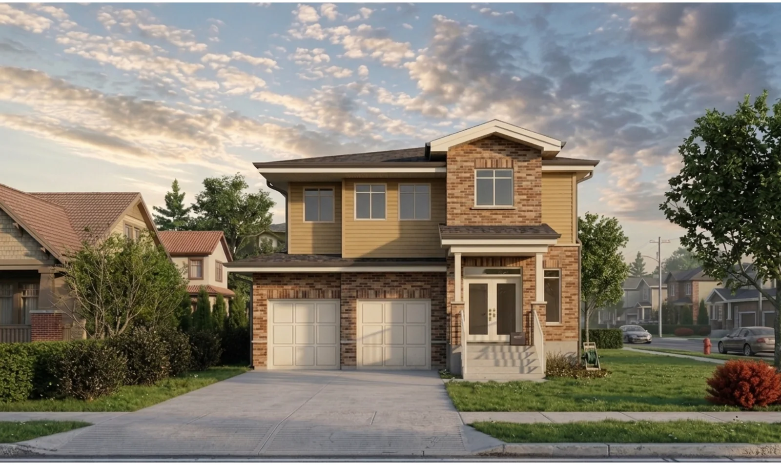 Maison familiale avec garage double, entrée centrale et aménagement paysager, portfolio Archidep